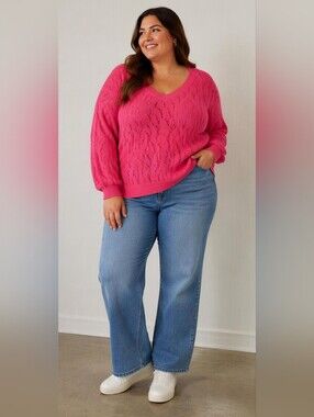NWT ONLY Hot Pink V-Neck Openwork Knit Sweater